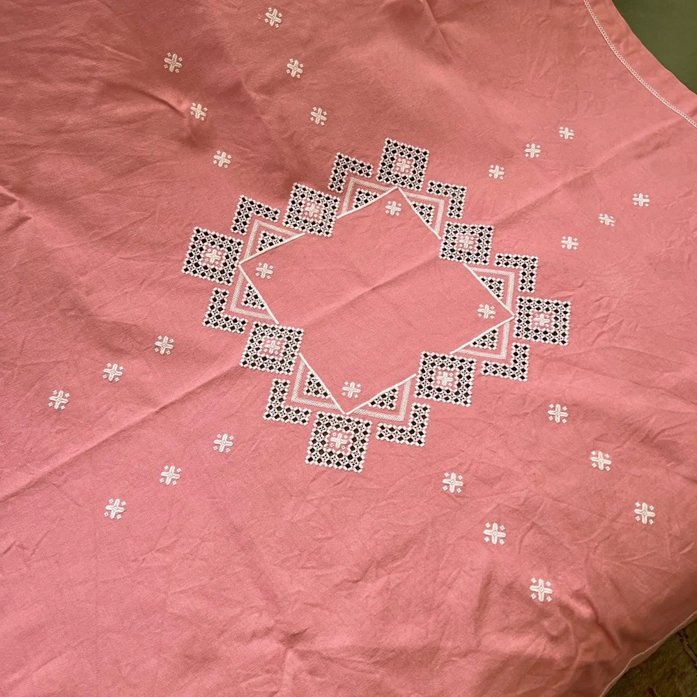 Vintage Pink White Hardanger Norwegian Embroidery 46” square cotton tablecloth